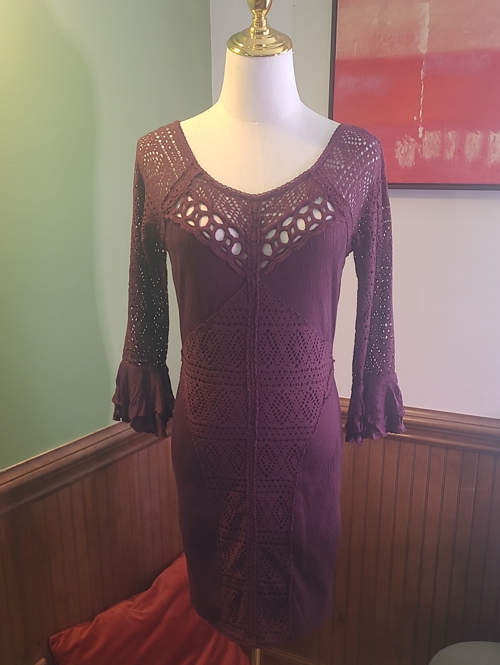 Free People "City Girl" Long Sleeve Crochet Boho Bodycon Dress in Burgundy Plum